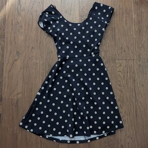 Polka Dot Cross Cutout Back Dress - Navy and White